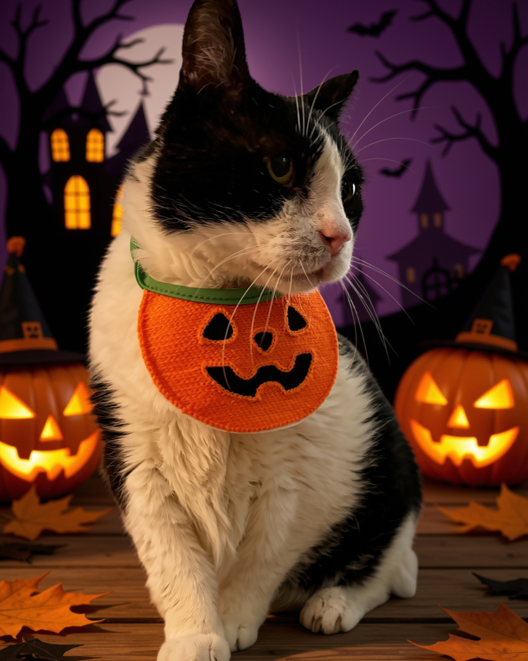 black and white cat in a halloween bib