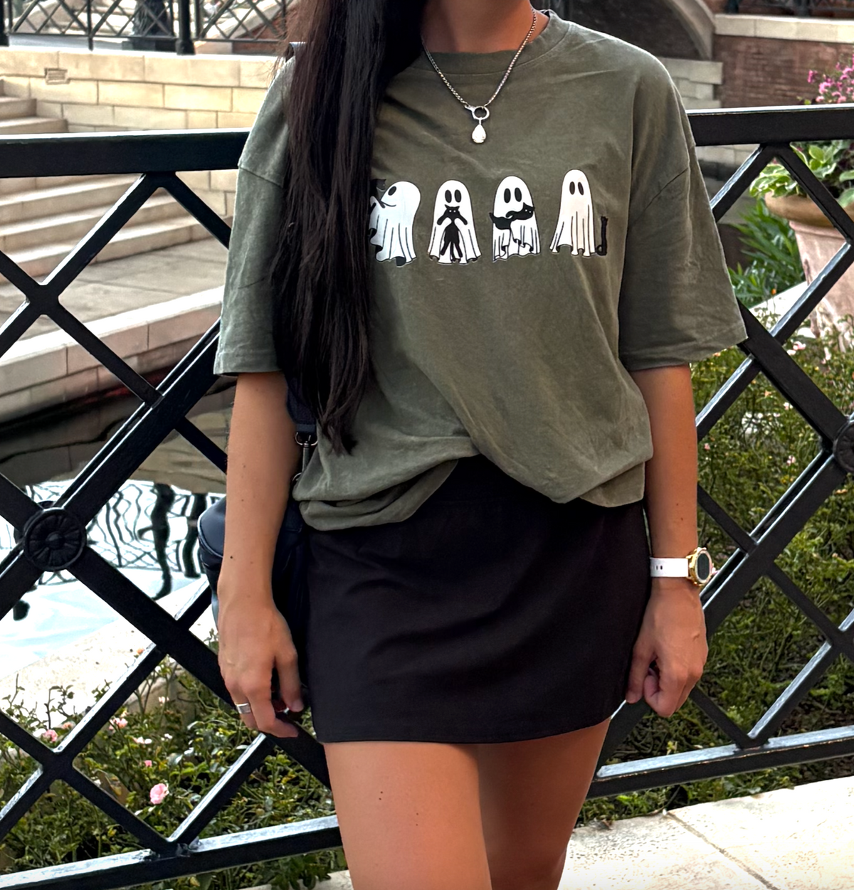 woman wearing the spooky kitty t-shirt